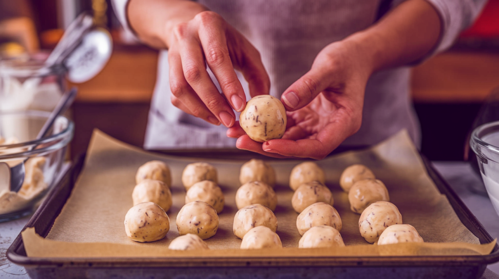 Put the Butterfinger balls in the fridge for at least 30 minutes to firm up, so they’re easier to dip in chocolate.