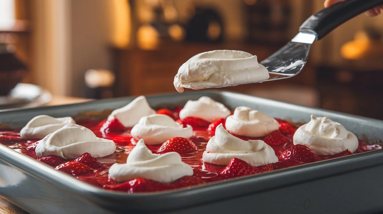 Take your softened cream cheese and dollop it on the strawberry pie filling. I like to use a spoon to drop little mounds of cream cheese all over the top and then use a spatula to spread it. You don't have to make it perfect—part of the charm of a dump cake is its rustic, imperfect look.