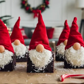 Holiday-themed brownie bites shaped like gnomes with red hats and white coconut beards, displayed on a wooden table surrounded by Christmas decorations."