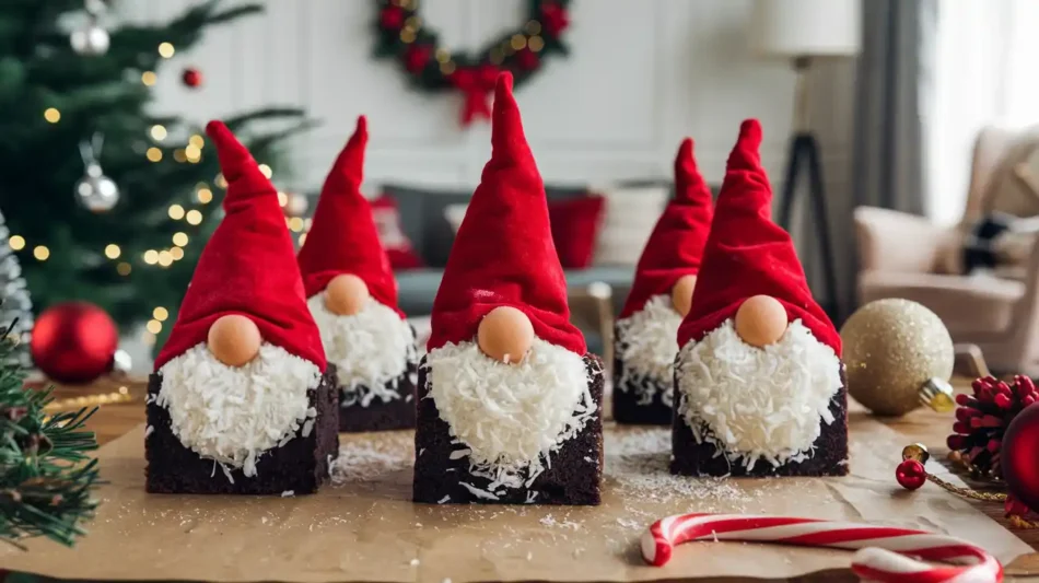 Holiday-themed brownie bites shaped like gnomes with red hats and white coconut beards, displayed on a wooden table surrounded by Christmas decorations."