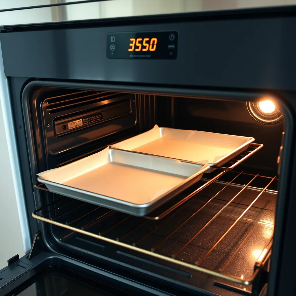 An oven being preheated to 350°F with parchment-lined baking sheets placed on the racks, kitchen setting, bright and clean