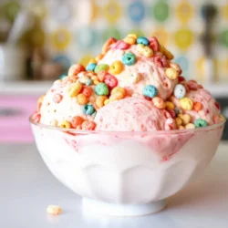 A vibrant and colorful bowl of homemade fruity pebbles ice cream, topped with extra Fruity Pebbles cereal, set on a bright kitchen counter with a cheerful background