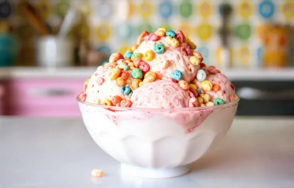 A vibrant and colorful bowl of homemade fruity pebbles ice cream, topped with extra Fruity Pebbles cereal, set on a bright kitchen counter with a cheerful background