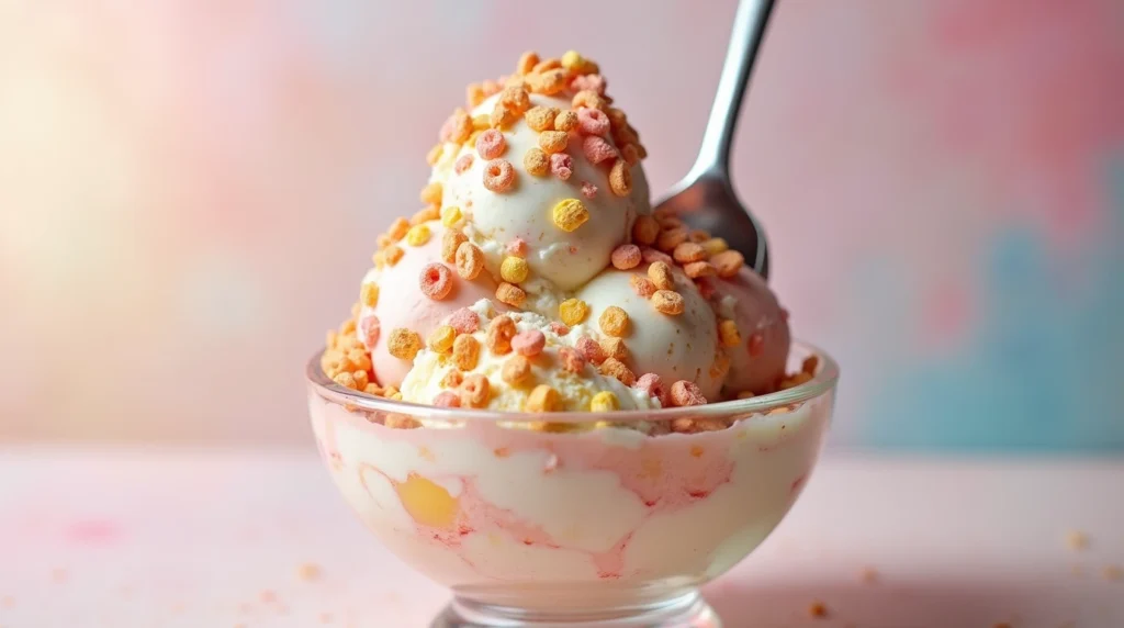 A vibrant and colorful bowl of homemade fruity pebbles ice cream, topped with extra Fruity Pebbles cereal