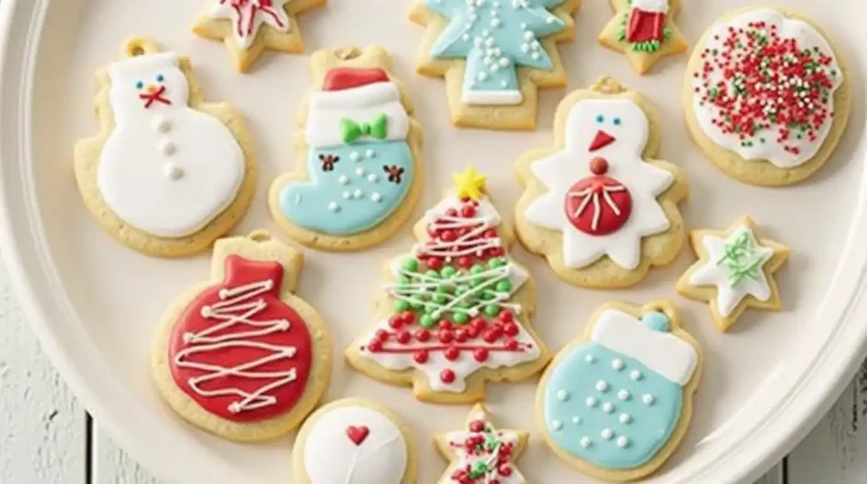 Festive Christmas ornament cookies decorated with vibrant red, green, and gold icing, placed on a rustic wooden table surrounded by pine branches. The background features warm twinkling fairy lights and a steaming mug of hot cocoa, creating a cozy and joyful holiday atmosphere."