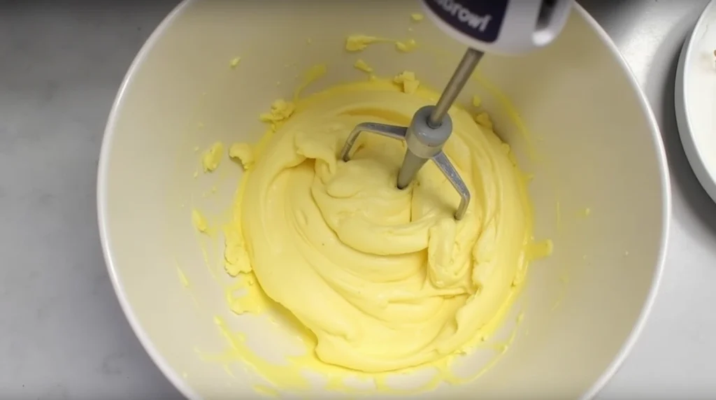 A large mixing bowl with softened butter being beaten into a smooth, creamy consistency using a hand mixer, with a clean kitchen backdrop."