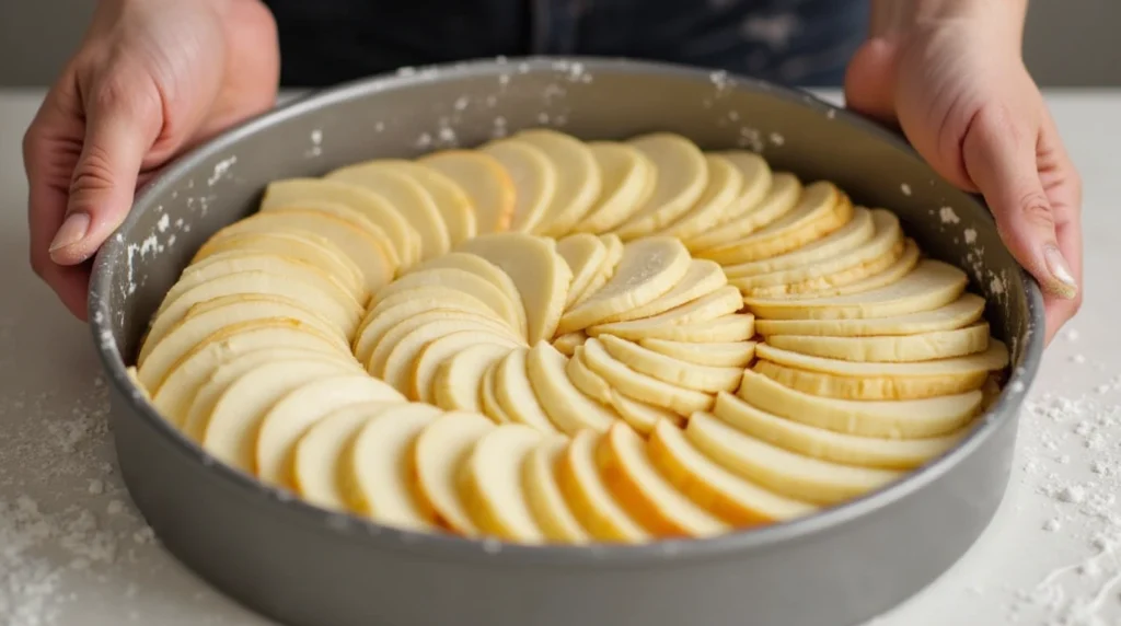 Thinly sliced apples being fanned out on top of the batter, creating a decorative pattern, with flour-dusted fingers delicately placing each slice."