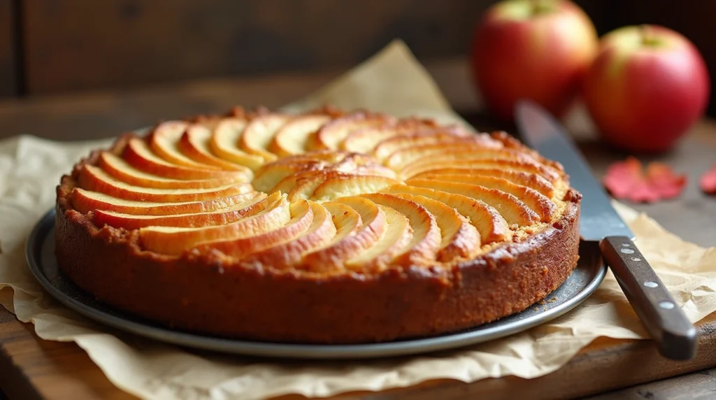 A beautifully plated slice of apple cake with a golden crust, dusted with powdered sugar, served with a side of whipped cream on a rustic wooden table."