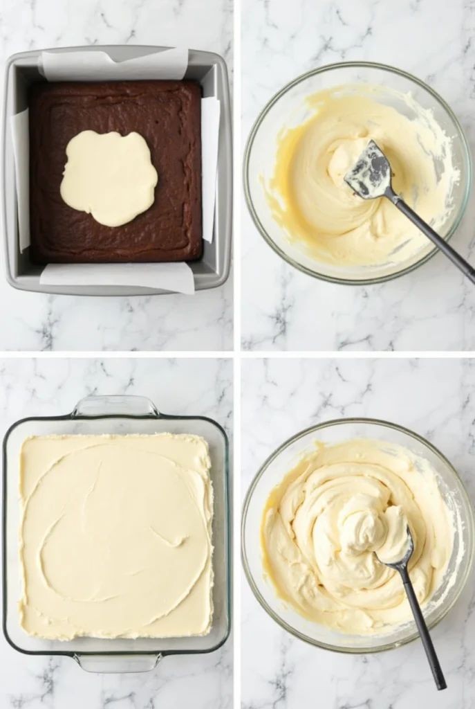 Apply the cream cheese icing for brownies in an even layer over the completely cooled brownies.. If the frosting is too soft, refrigerate the brownies for 20-30 minutes to set it before slicing.