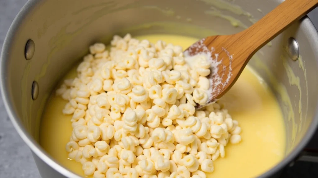 "A large pot filled with melted marshmallow mixture and rice cereal being folded together with a wooden spoon."