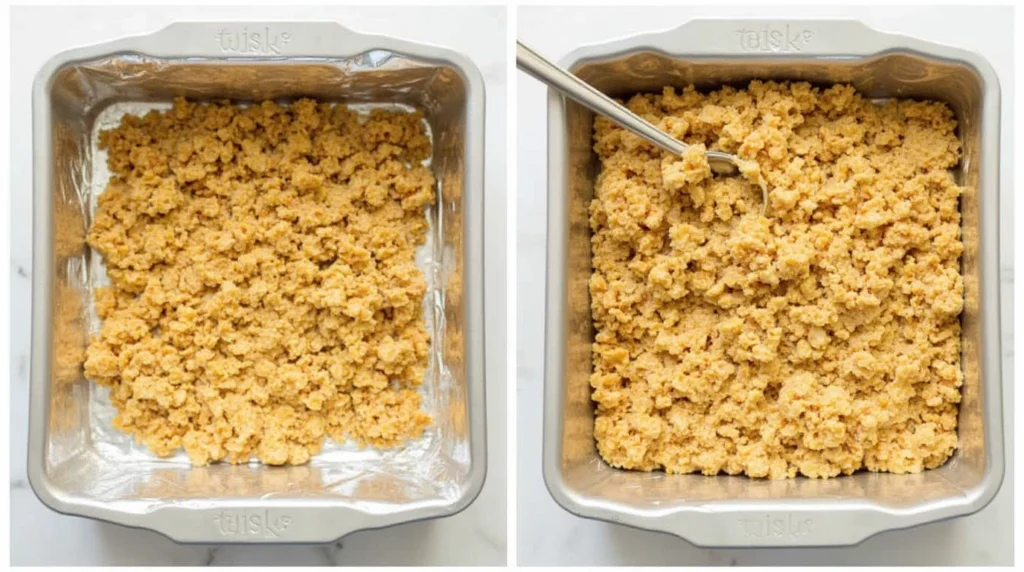 Pressing the Mixture:
"A hand using a spatula to press the sticky mixture into a parchment-lined baking pan, creating an even layer."