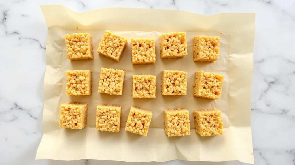 Final Cooling Stage:
"A baking pan filled with neatly pressed Rice Krispies treats cooling on a countertop with marshmallows in the background."