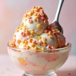 A vibrant and colorful bowl of homemade fruity pebbles ice cream, topped with extra Fruity Pebbles cereal