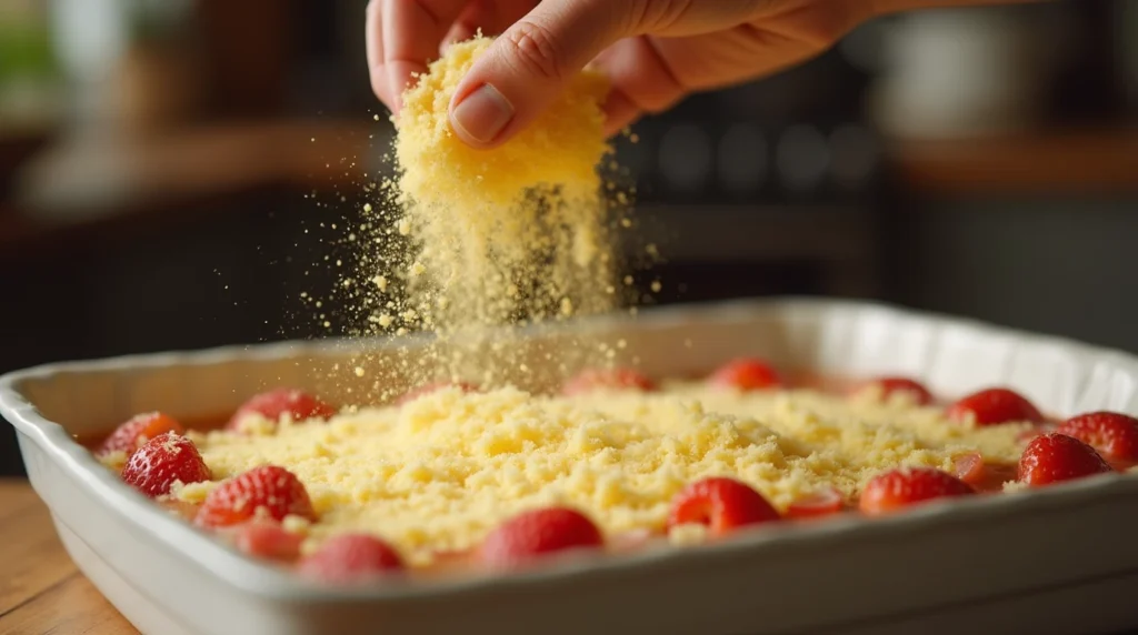 next, sprinkle your box of yellow cake mix evenly over the strawberry and cream cheese layers. Make sure the entire surface is covered with the cake mix. This is what gives the cake it's crumbly, buttery topping.