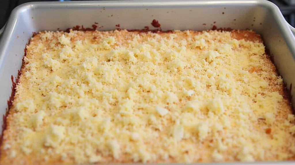 Place the baking dish in the oven for 45 to 50 minutes. The cake is made when the top is golden brown and the edges are bubbling with strawberry filling.