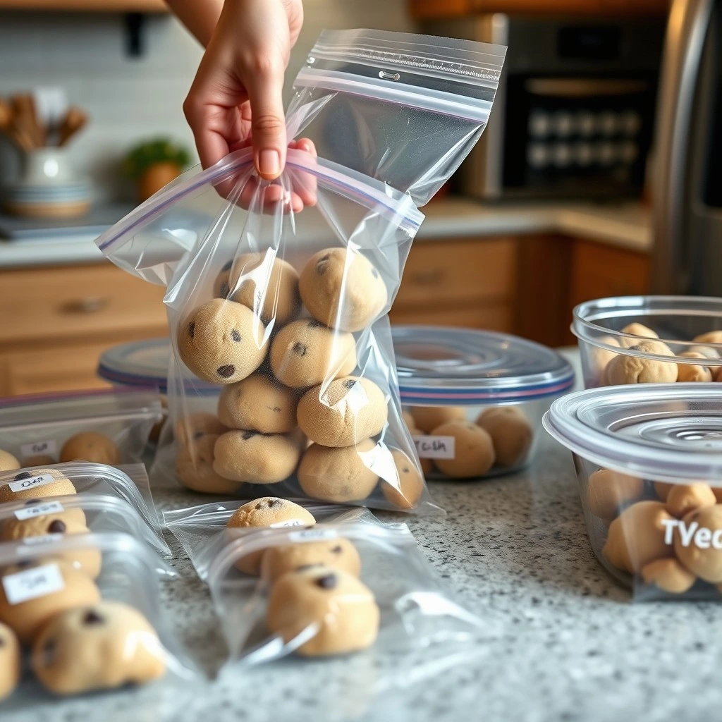 Move the Solidified Dough Portions to Airtight Freezer Bags or Containers.

After the dough portions become firm, move them into airtight freezer bags or containers. Removing as much air as possible helps prevent freezer burn.

Label and Date: Clearly label the bags with the type of cookie and the date it was frozen. This aids in tracking freshness and managing your freezer space efficiently.

Separate by Dough Type: To prevent mixing flavors when freezing different doughs, place each type in its bag or container.