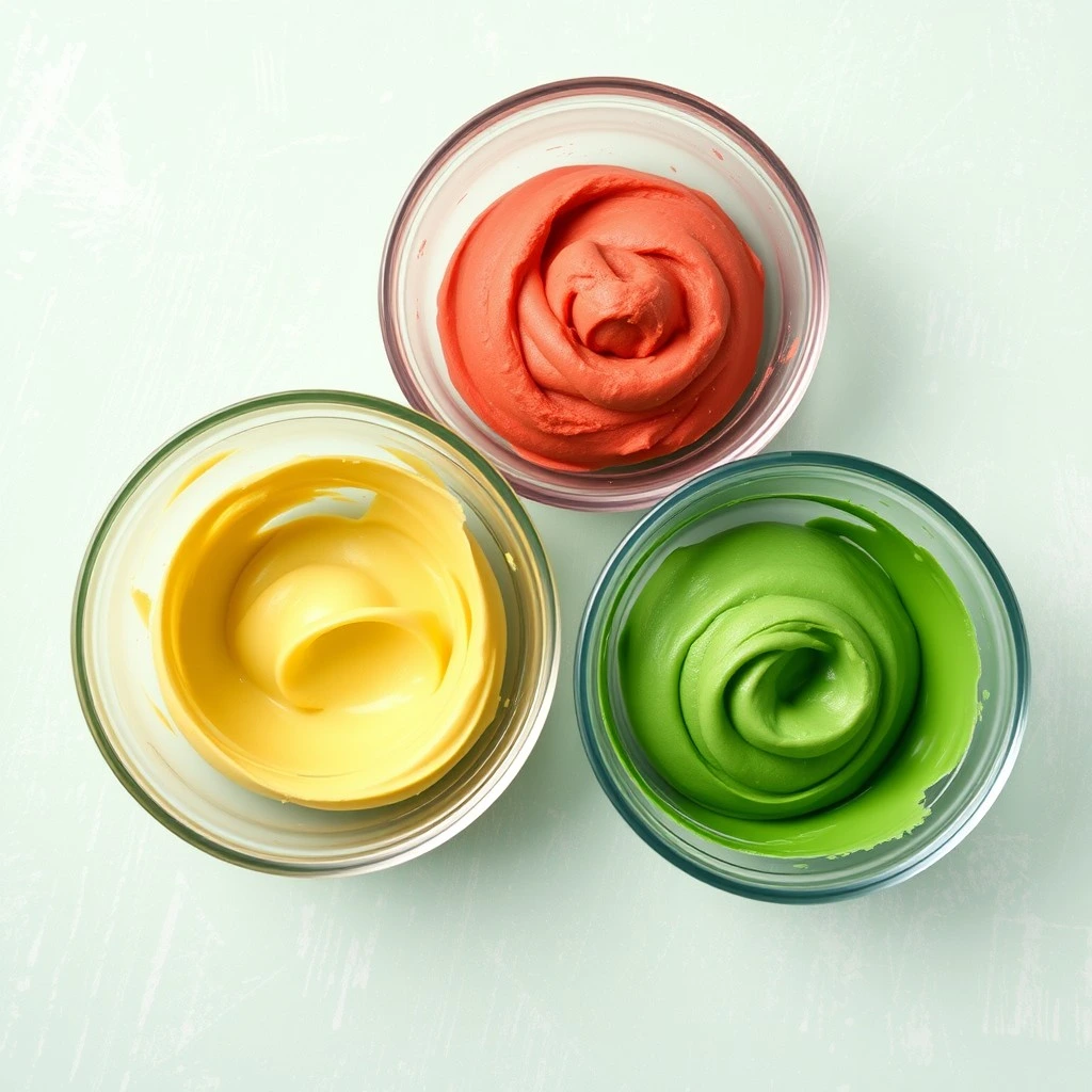 Divide the batter evenly into three bowls. Add red food coloring to one bowl, green food coloring to another, and leave the third bowl plain for the yellow layer. Mix each bowl until the color is fully incorporated. For a more natural option, you can use plant-based food colorings made from beets and spinach.