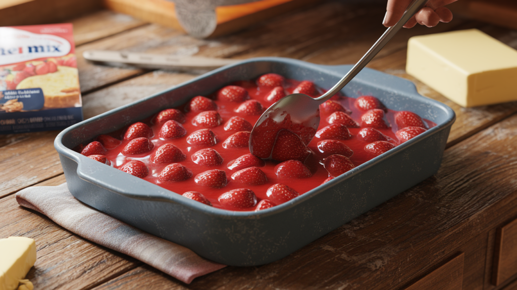 Open the cans of strawberry pie filling and spread them evenly across the bottom of the greased baking dish. This will be your first layer, the juicy, fruity base of the cake.