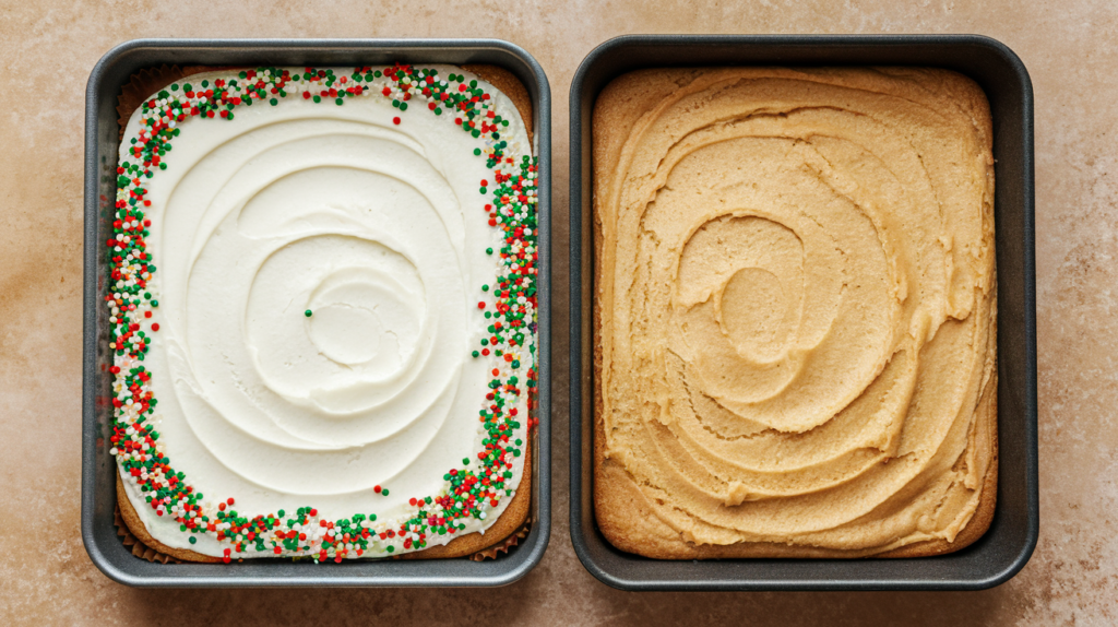 Now for the fun part! Spread the frosting evenly over the cooled cake, then let your creativity shine. Sprinkle on holiday sprinkles, crushed candy canes, or anything that says “festive” to you.