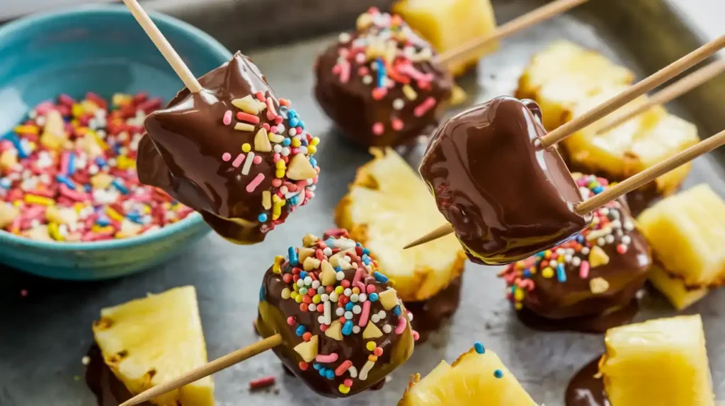 Pineapple chunks with toothpicks inserted, being dipped into glossy melted chocolate. Chocolate-dipped pineapple pieces being sprinkled with colorful toppings like shredded coconut.