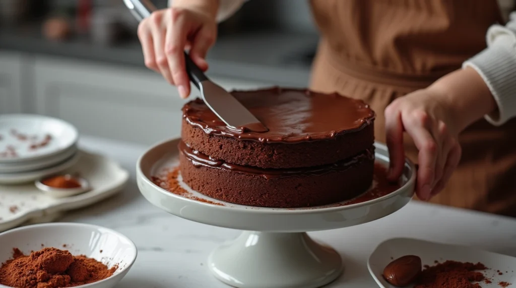 First, serve one cake layer. Pour a nice layer of the chocolate ganache on top of it. Now take the second layer of cake and place it and then pour the remaining ganache on the cake and let it spill down the sides.