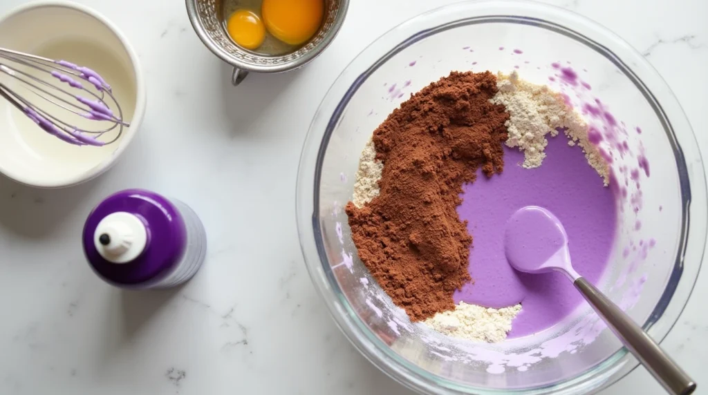 An overhead view of a kitchen counter with a large mixing bowl containing sifted dry ingredients like flour, sugar, and cocoa powder. Beside it, a smaller bowl with a whisk blending wet ingredients, including eggs and buttermilk. A vibrant purple gel food coloring bottle is placed nearby, with a splash of purple batter in the mixing bowl, ready to be poured."