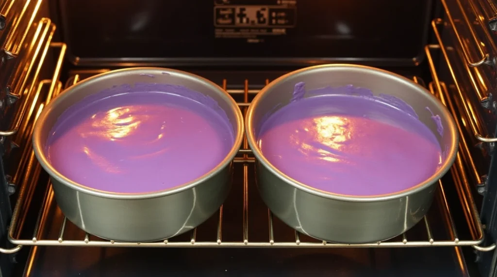 Two 9-inch round cake pans filled with smooth, vibrant purple batter, placed on an oven rack. The golden glow of the preheated oven is visible, with a timer counting down to perfection. Next to the oven, a wire rack prepared for cooling."