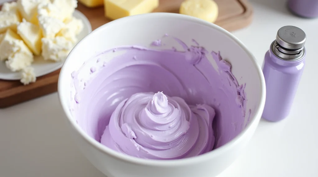 A bright kitchen scene featuring a mixing bowl with cream cheese and butter whipped to a light and airy texture. Powdered sugar is gradually added, with a touch of vanilla extract nearby and purple gel food coloring. The creamy, smooth frosting is shown in progress and is purple in color