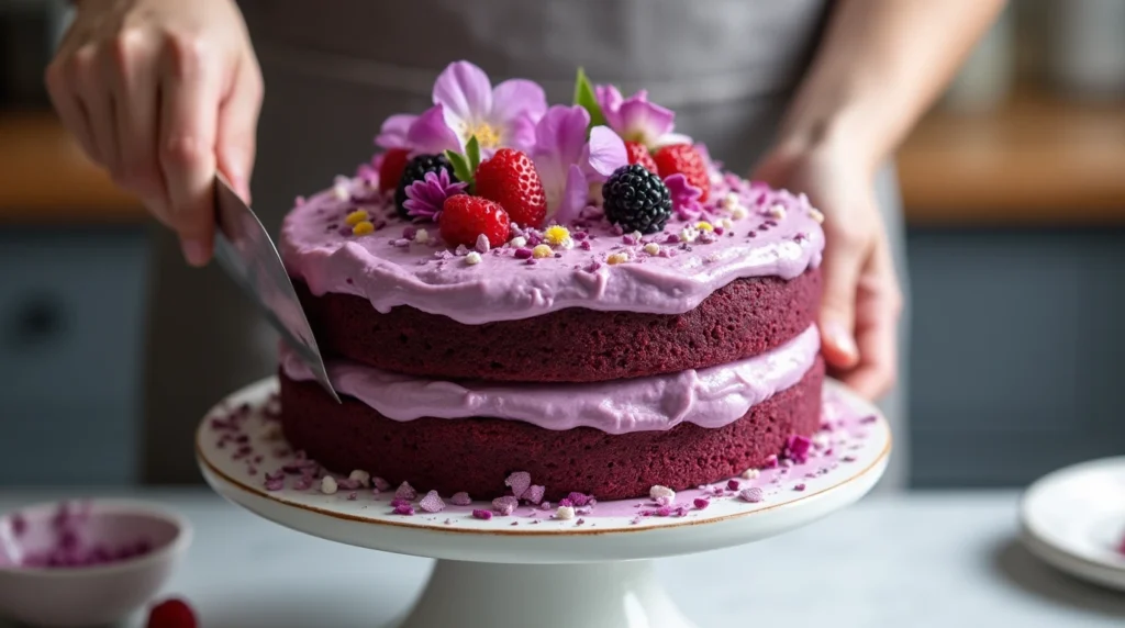 A perfectly assembled purple velvet cake on a cake stand. One layer is frosted generously, and the top layer is being added. The cake is being decorated with edible flowers, fresh berries, and sprinkles, while a spatula smooths out the frosting on the sides, creating a polished, elegant look."