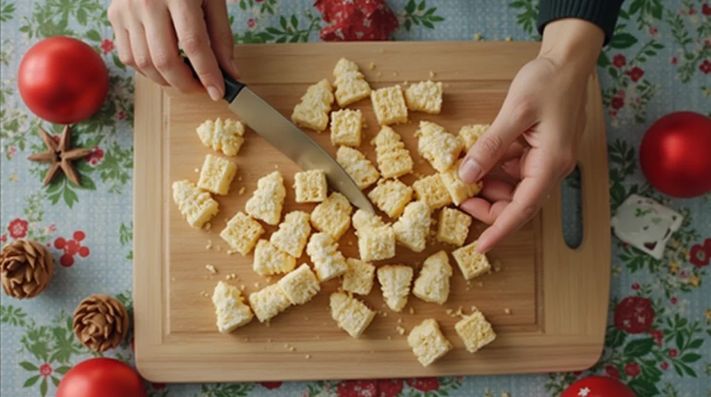 Unwrap the Little Debbie Christmas Tree Cakes and cut them into small pieces.