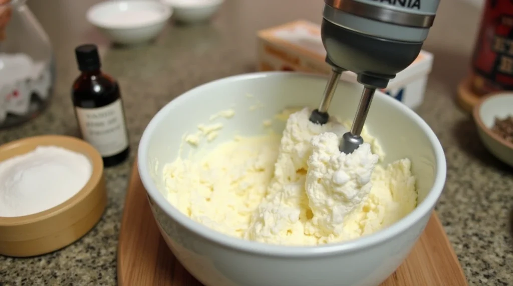 In a mixing bowl, beat the softened cream cheese until it's smooth and creamy.