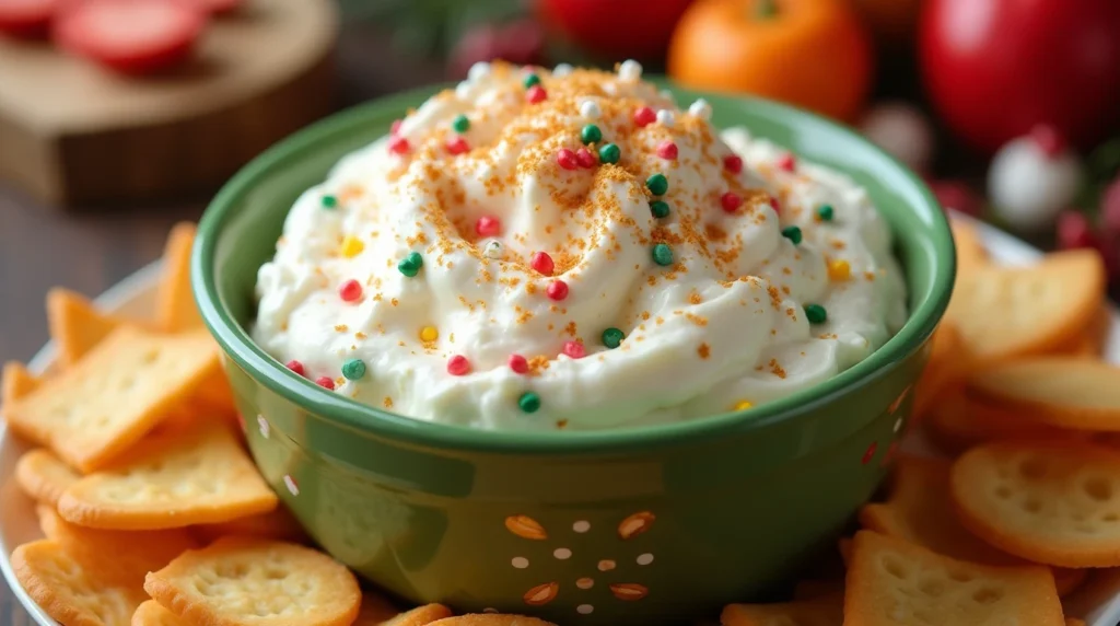 Transfer the dip to a serving bowl. Crumble the reserved Christmas Tree Cake on top and add holiday sprinkles for a festive touch. Serve with your choice of dippers.