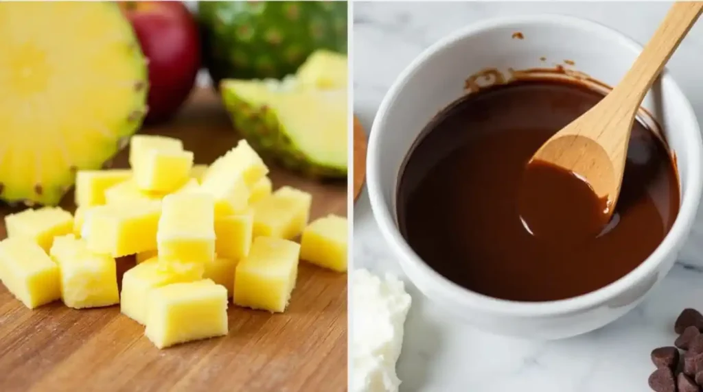  Close-up of freshly cut pineapple chunks on a wooden cutting board, with tropical fruits in the background. Bowl of melted chocolate being stirred, with chocolate chips and coconut oil nearby.