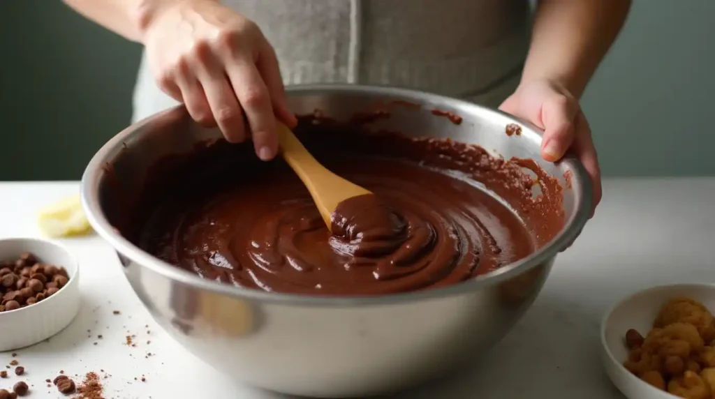 In a large mixing bowl, sift all the dry ingredients together: flour, sugar, cocoa powder, baking powder, baking soda, salt, and espresso powder if it is being used. Whisking is essential in ensuring that it has a smooth texture and there are no lumps when it comes to the batter.