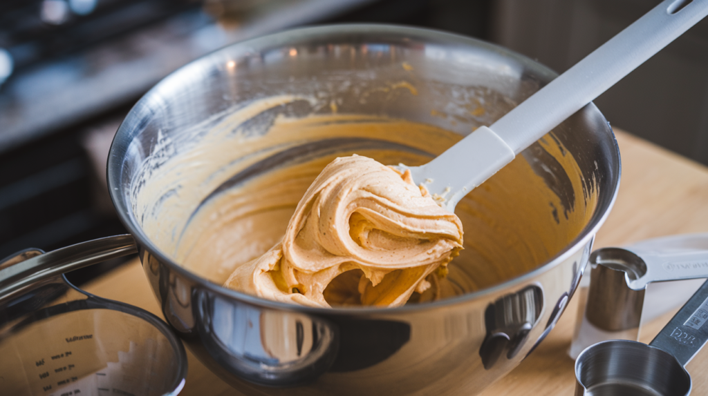  A mixing bowl filled with creamed butter, sugar, and cream cheese, with a spatula and measuring cups nearby. The mixture looks smooth and creamy under soft kitchen lighting.