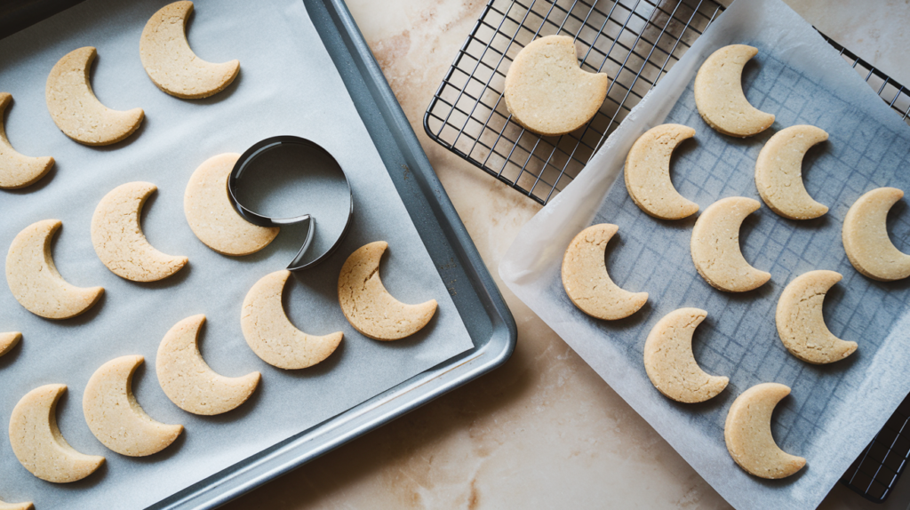 Moon-shaped cookie dough being carefully cut out on a floured surface, with a rolling pin and cookie cutter adding charm to the scene."