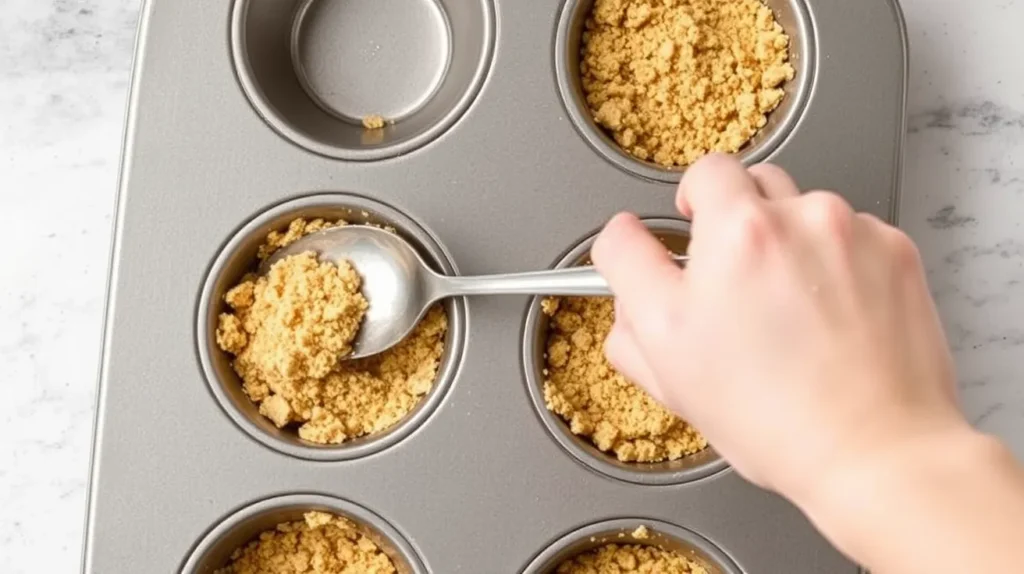 A hand pressing graham cracker crumbs into a muffin tin with a spoon.