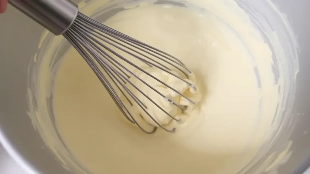 A mixing bowl with creamy filling being blended with a whisk