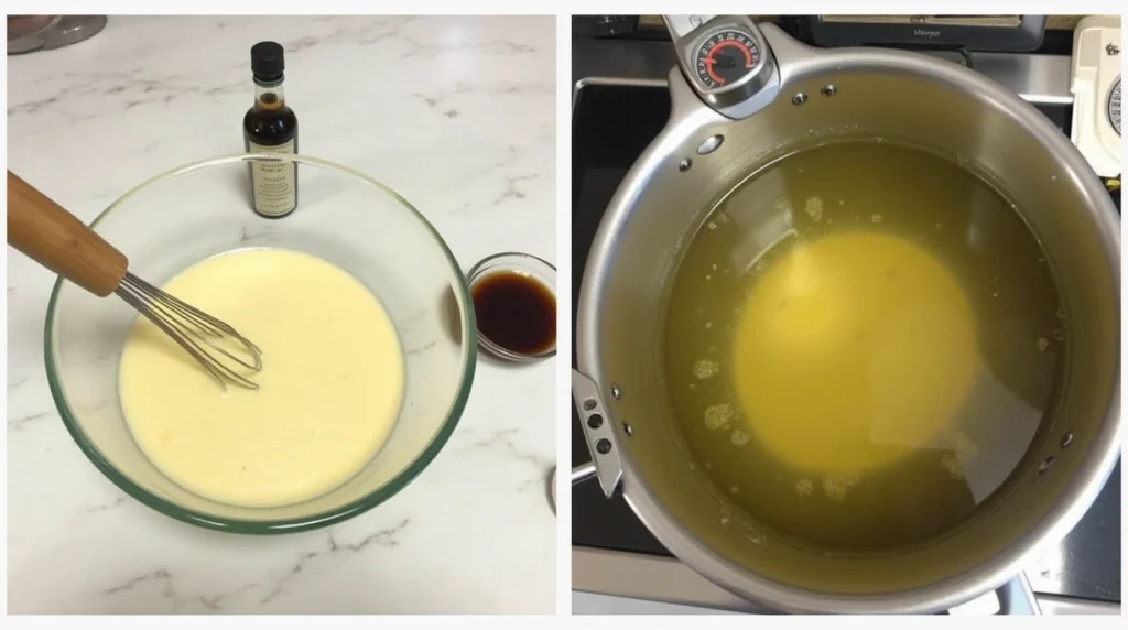 Step 1: Preparing the Batter "A mixing bowl filled with smooth pancake batter, a whisk resting on the side, and a small bottle of vanilla extract placed in the background, all arranged neatly on a clean countertop." Step 2: Heating the Oil "A deep fryer filled with shimmering vegetable oil, with a thermometer indicating 350°F, sitting on a sleek and tidy kitchen surface."