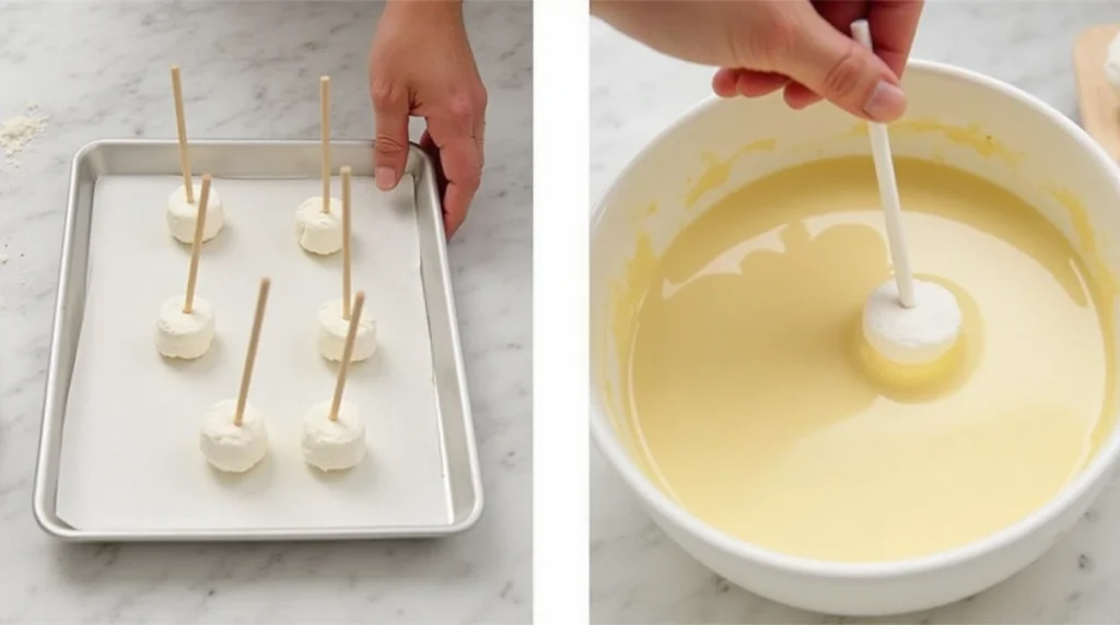 Preparing the Marshmallows A tray of large marshmallows with skewers inserted into them, some plain and some dusted with flour, ready for dipping.

Step 4: Coating Marshmallows in Batter A hand dipping a marshmallow into the batter using a skewer, with the batter clinging smoothly, above a bowl of thick, creamy pancake batter.