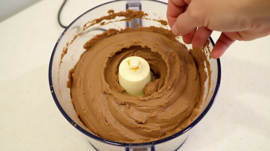 Start by tossing the following into a food processor: chickpeas, almond butter, maple syrup, cocoa powder, vanilla extract, and some salt. Stir it up until it becomes smooth with a good creamy texture. It should be eased to scoop but not very soft, such that the whole thing hangs when one tries to scoop it.