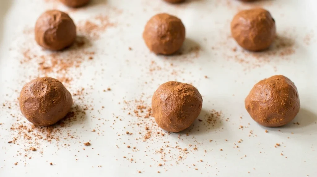 If desired, take small quantities of the mixture using a spoon (or a cookie scoop for even portions) and shape it into round balls. It’s a bit messy but fun! Put them on a baking sheet coated with parchment paper.

Step 3: Chill the Truffles.

Place the tray in the refrigerator for 30 minutes. This step helps the truffles firm up and aids when coating them later on.