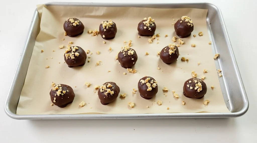 Rolled chickpea truffles arranged on parchment paper before chilling."
"Truffles being dipped in melted dark chocolate using a fork, with chocolate dripping off."