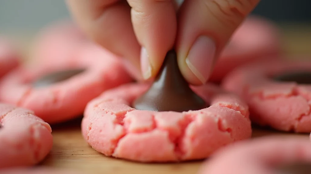 Adding the Chocolate Kiss:
"A close-up of a hand gently pressing a chocolate kiss into the center of a warm, pink cookie. The cookies are slightly cracked at the edges, showing their soft texture."