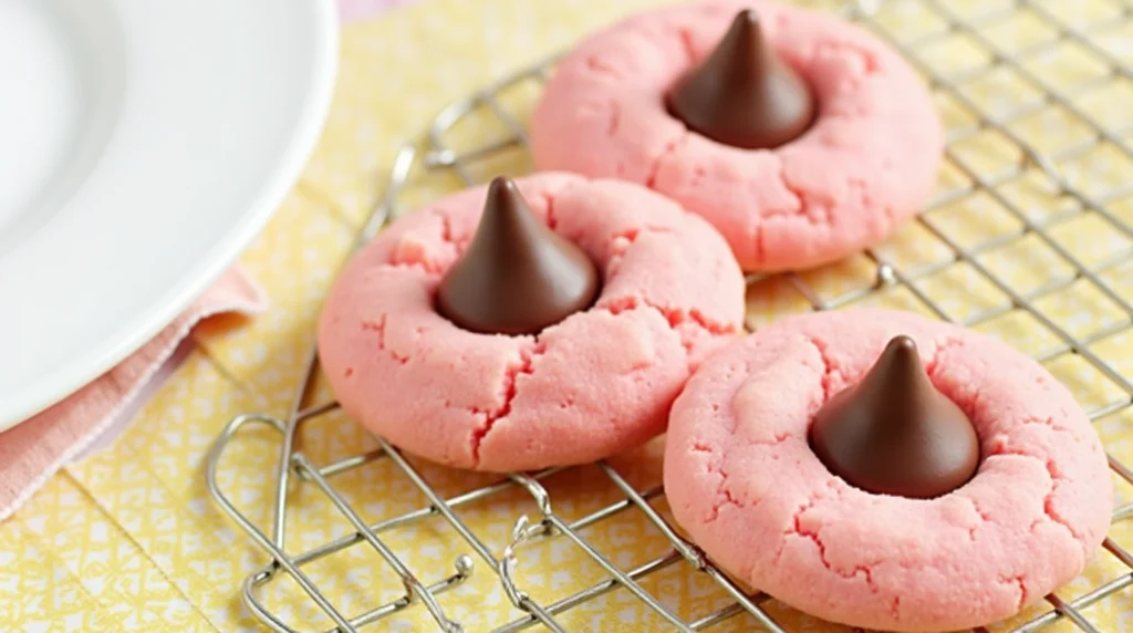 The image shows three pink sugar cookies on a wire cooling rack. The cookies are round and have a crumbly texture. They are arranged in a triangular formation on the cooling rack, with one cookie in the center and two on either side. Each cookie has a chocolate kiss on top, giving them a kiss-like appearance. The background is a yellow and white patterned napkin, and there is a white plate on the left side of the image.