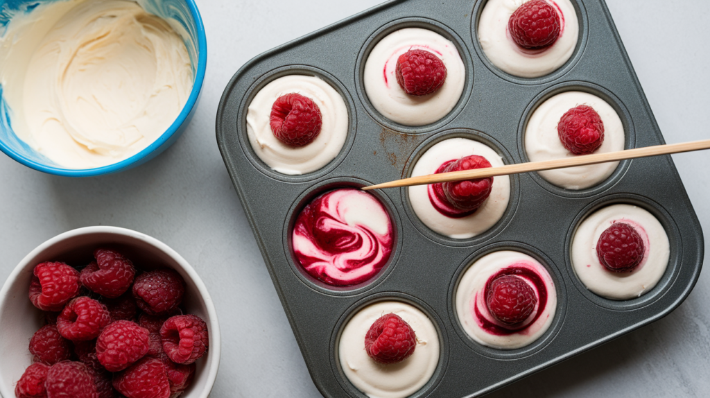 Muffin tin filled with cream cheese filling and raspberry swirls being made with a toothpick.