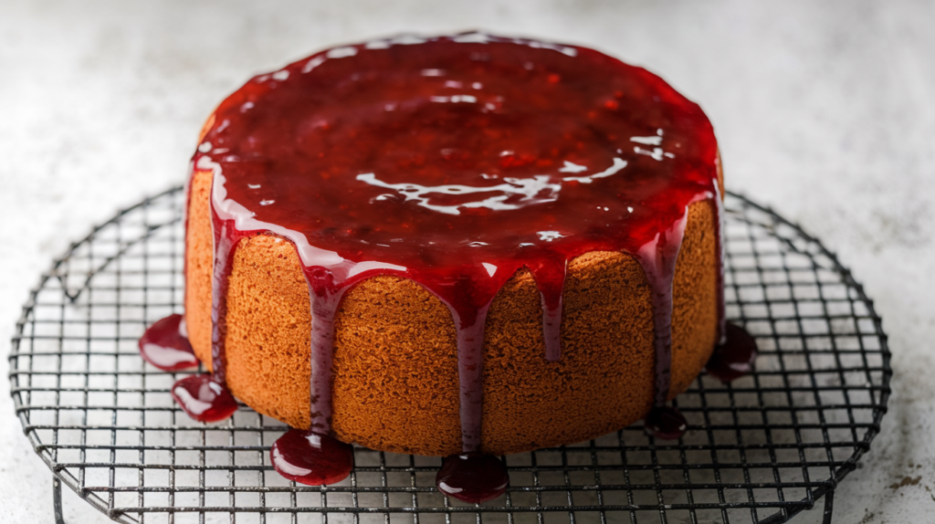 The finished cake cooling on a wire rack, ready for dusting It is drizzled with a red jam or sauce, which is dripping down the sides of the cake.