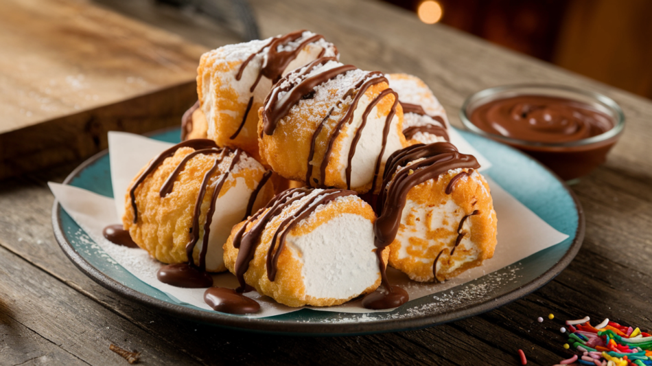 A beautiful plate of deep fried marshmallows arranged artfully, golden and crispy with a dusting of powdered sugar and a drizzle of chocolate sauce, served on a rustic wooden table. A small bowl of chocolate sauce and colorful sprinkles sit nearby, with a warm and inviting background.