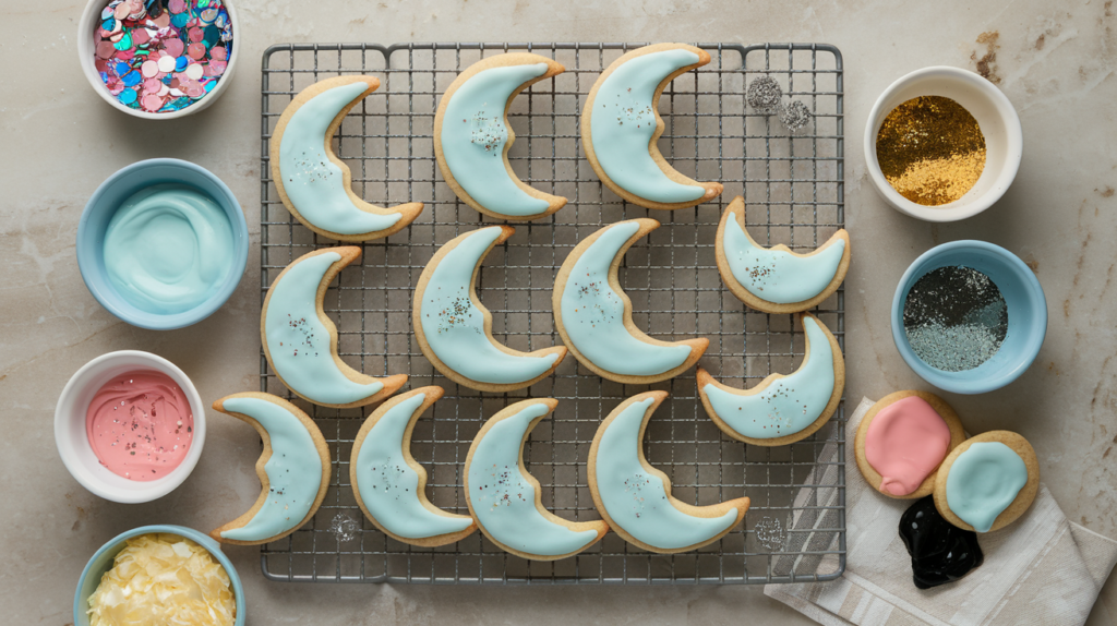 Beautifully decorated moon cookies resting on a cooling rack, surrounded by small bowls of colorful icing, edible glitter, and finishing touches."

