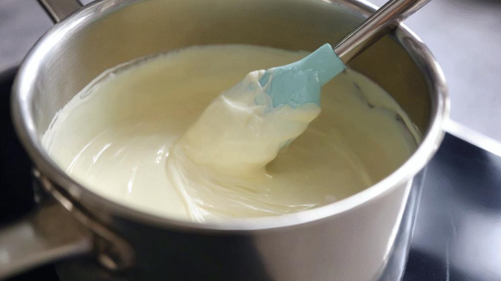 In a double boiler, melt the white chocolate chips with the shortening. Stir until the mixture is smooth and creamy.